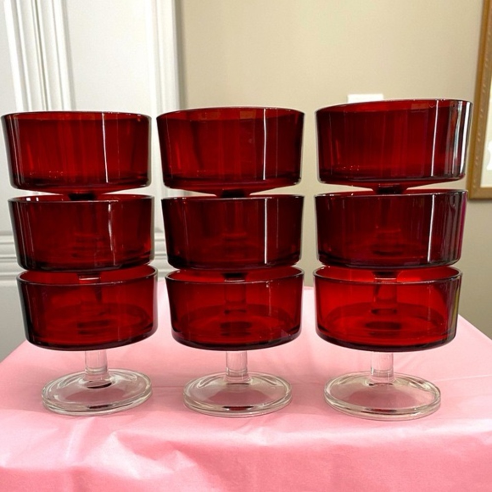 SET OF 9 EUC RUBY RED CHAMPAGNE COUPES OR SHERBET CUPS WITH CLEAR GLASS PEDESTAL